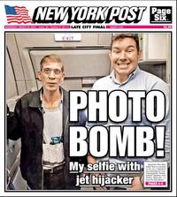 NEWYORK PUST Page Pe LATE CITY FINAL nypost.com$1.00 EXIT PHOTO BOMB! My selfie with jet hijacker EgyptAir flier Ben Innes was so excited to be on a hijacked jet yesterday, be Eldin Mustafa to pose for this phota PAGES 4-5