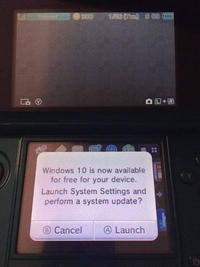 @a00 1m stitii seg 画 Windows 10 is now available for free for your device Launch System Settings and perform a system update? Cancel () Launch