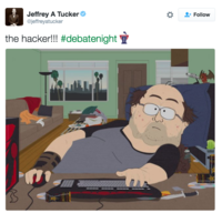 Jeffrey A Tucker @jeffreyatucker Follow the hacker!!! #debatenight