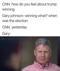 CNN: how do you feel about trump winning Gary johnson: winning what? when was the election CNN: yesterday Gary: @roostermustache