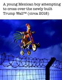 A young Mexican boy attempting to cross over the newly built Trump WallTM (circa 2018)