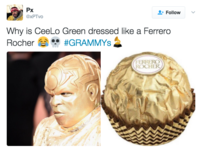 Px @xPTvo Follow Why is Ceelo Green dressed like a Ferrero Rocher #GRAMMYS FERRERO ROCHER