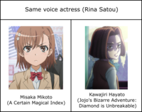 Same voice actress (Rina Satou) 時 催 Misaka Mikoto (A Certain Magical Index) Kawajiri Hayato (Jojo's Bizarre Adventure: Diamond is Unbreakable)