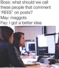 Boss: what should we call these people that comment 'REEE' on posts? May: maggots Fay: I got a better idea
