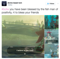 divine beast tomm @0xfox + Follow ﹀ #botw you have been blessed by the fish man of positivity, rt to bless your friends Sidon l believe in you, Link!