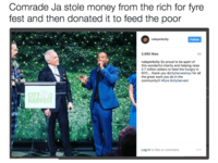 Comrade Ja stole money from the rich for fyre fest and then donated it to feed the poor ruleyorkcity Follow 2,692 likes 4d ruleyorkcity So proud to be apart of this wonderful charity and helping raise 2.7 million dollars to feed the hungry in NYC. thank you cityharvestnyc for all the great work you do in the community!!! #tyre #cityharvest CITY HARVEST Log in to like or comment