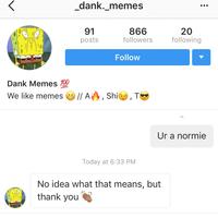 dank, memes 91 posts 866 followers 20 following Follow Dank Memes to We like memes // A(. Shiⓤ ' T Ur a normie Today at 6:33 PM No idea what that means, but thank you