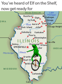You've heard of Elf on the Shelf, now get ready for WISCOHSINishigsr Lske tichigan Rockford aukegan De Kalb Rook Aurora◆ Elmhurst -Chicago Height: Joliet◆ Kankakee ◆Bloomington Chamnaign Urbana Rock Island Moline ◆Galesburg Peoria Danville Quincy SPRINGFIELD★ atur INDIAK Mississjppinois Granite East St Bellev ash MISSOURI Ohio Carbonda Cairo