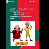 Spotify In 2017, you listened for 311,687 minutes, to 1 different song and 1 different artist. Along the way, you explored1 genre. MOTU PATL