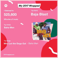 My 2017 Wrapped I listened to Top Genre 525,600 Baja Blast Minutes of music Top Artists Baha Men Top Songs Who Let the Dogs Out - Baha Men 2017wrapped.com