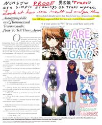 //ons w PRo F男の娘('Traps.リ are SimPTy drawinys of Trans women If you didn't already know that this person was a t----------, would vou still have suspected that she was not a natural-born woman? and Homosexual Transsexuals JHow To Tell Them.Apart +1 if your answer is "Yes"(if you ould have suspected) 1 if your answer is "No" ARE TRAPS GAY? nce you have learned about auto- gynephilic and homosexual trans sexuals and seen several of each distinguishing them is easy. If Blanchard and I saw the same 100 transsexuals, I would be surprised if we disagreed on more than 2 I have devised a set of rules that should work even for the novice (though admittedly, I have not tested them). Start at zero. Ask each question, and if the answer is "Yes," add the number (+1 or -1) next to the question. If the sum gets to +3, stop; the t---------- you're talking to is autogynephilic. If the sum gets to -3, she is homosexual. +1 Have you been married to a woman? +1 As a child, did people think you were about as masculine as other boys? +1 Are you nearly as attracted to women as to men? Or more attracted to women? Or equally uninterested in both? (Add 1 if "Yes' +1 Were you over the age of 40 when you began to live full time +1 Have you worn women's clothing in private and, during at to any of these.) s a woman least three of those times, become so sexually aroused that you mastur- bated? +1 Have you ever been in the military or worked as a policeman or truck driver, or been a computer program scientist, engineer, or physician? mer, businessman, lawyer, Is your ideal partner a straight man? 1 1 As a child, did people think you were an unusually feminine boy? 1 Does this describe you? "I find the idea of having sex with men very sexually exciting, but the idea of having sex with women is I Were you under the age of 25 when you began to live full 1 Do you like to look at pictures of really muscular men with not at all appealing." time as a woman? irts off? Have you worked as a hairstylist, beautician, female imper sonator, lingerie model, or prostitute? O too Mo Ho y means Finally, if the person has been on hormones for at least six months If you didn't already know that this person was a t----------, would + 1 if your answer is "Yes" (if you would have suspected) shter. Anime S ask yourself this question: ruru het a bo n m tores words For trans wom en you still have suspected that she was not a natural-born woman? west coas+/westside. An ㄴ 1 if your answer is "No Excerpts from "The Man Who Would be Queen" J. Michael Bailey 2003 a controversial psychology book so hated by transgender activist that they lobbied to get the writer of it out of his supervisory position at Northwestern University near Chicago IL USA Happiness!" Anime based on novel by Nikaido Kagevama, "Ryuugaiou Nanana no Maizoukin" Sotorine Kazuma, Re:Zero Kara Hajimeru lsekai Seiatsu by Tappei Nagatsuki All cited works are property of their creators. Fair use for educational non profit purposes is claimed.