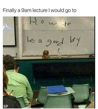 Dog at the front desk of a class with caption implying that he will be teaching the class today and it will be about how to be a good boy dog.