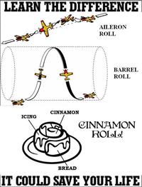 LEARN THE DIFFERENCE X* AILERON ROLL BARREL ROLL ma w メ CINNAMON ICING CINNJAMON ROLoLo! BREAD IT COULD SAVE YOUR LIFE