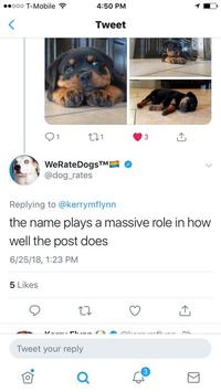 ..ooo T-Mobile 4:50 PM Tweet WeRateDogsTM @dog.rates Replying to @kerrymflynn the name plays a massive role in how well the post does 6/25/18, 1:23 PM 5 Likes Tweet your reply