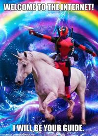 Surreal meme of a Deadpool character riding a bareback unicorn and shooting up a rainbow environment