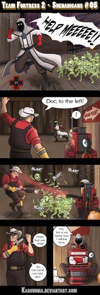 TEAM FORTRESS 2 . SHENANIGANS #05 31 Doc, to the left! OINT BLAM ЕЗ No, this is my home now I will live here Whew that was close! You can come out now doc! KARUUHNIA DEVIANTART COM