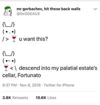 A text bunny acting out a scene from the short story "The Cask of Amontillado":/memes/subcultures/the-cask-of-amontillado by Edgar Allan Poe. This meme appeared as number 11 on a "31 Various Memes...":https://cheezburger.com/7260165/31-various-memes-thatll-make-your-day-a-little-less-tedious list on memebase.
