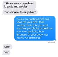 *Kisses your supple bare breasts and areolas* runs fingers through hair* takes my hunting knife and saws off your d---, then forcibly feeds it to you and watches you choke to death on your own genitals, then disposed of your body in a heavily wooded area" Delivered Dude W--