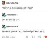 killerkitty707 "Yoink" is the opposite of "Yeet" wierdrocks But it's just as fast viewtiful-kim The Lord yeeteth and the Lord yoinketh away 213,728 notes