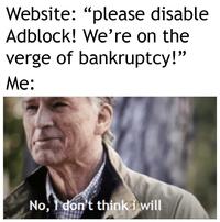 Website: "please disable Adblock! We're on the verge of bankruptcy!" Me: No, Idon't thinkd will