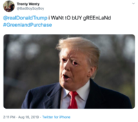 Trenty Wenty @BadBoySoyBoy @realDonaldTrump i WaNt tO bUY gREEnLaNd #GreenlandPurchase 2:11 PM Aug 16, 2019 Twitter for iPhone