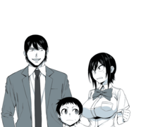 Looks like sharp teeth and sharp eyes run in the family. Once again, the manga strangely only has the eyes being noticed by the male MC.

Now I wonder if they get their eyes and teeth from both parents or just one of them.
