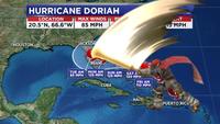 HURRICANE DORIAH LOCATION MAX WINDS NT PP 20.5 N, 66.6°W S MPH 85 MPH JACKSON HOUSTON MIAMI TUE AM MON AM SUN AM SAT A 85 MPH 125 MPH 125 MPH 120 MPH FRI AM 110 MPH CUBA HAITI PUERTO RICU