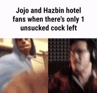 Jojo and Hazbin hotel fans when there's only 1 unsucked cock left Text Forehead Human Photo caption