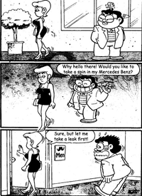 Why hello there! Would you like to take a spin in my Mercedes Benz? Sure, but let me take a leak first! Men Cartoon Comics Comic book Fiction