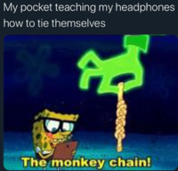 My pocket teaching my headphones how to tie themselves The monkey chain!