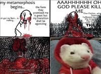 my metamorphosis begins. АААНННННН Н GOD PLEASẼ KILL the form they promised me is great but my transition shall be agonizing ME Our Father, who heaven hallowed be thy kingdo thy will an earth as ah god my flesh. is. melting. THE chorific.otherwordly, Asounds
