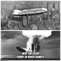unlike u snowilakes im not so easily triggered WHY GAY BLUE FURRY IN VIDEO GAME!? imgflip.com