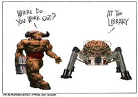 WHERE DO You WORK OUT? AT THE LIBRARY (996 THE PRUILADEL PA IMaIPER. UNIVERSAL PRESS syNOICATE.