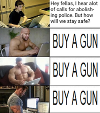 Hey fellas, I hear alot of calls for abolish- ing police. But how will we stay safe? BUY A GUN BUY A GUN BUY A GUN