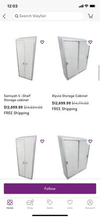 12:03 ull Q Search Wayfair Samiyah 5 -Shelf Storage cabinet Alyvia Storage Cabinet $12,699.99 $14,711.00 $12,899.99 $14,924.00 FREE Shipping FREE Shipping Follow 8) Home Shop Sales Lists Account