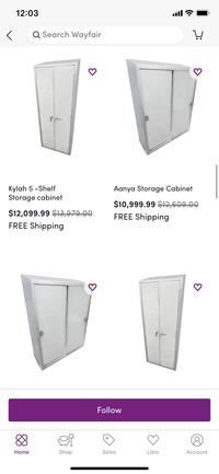 12:03 ull Q Search Wayfair Kylah 5 -Shelf Storage cabinet Aanya Storage Cabinet $10,999.99 $12,609.00 $12,099.99 $13,979.00 FREE Shipping FREE Shipping Follow 8) Home Shop Sales Lists Account