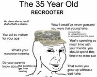 The 35 Year Old RECROOTER No plans after school? ahaha that's a shame Wow I would've never guessed you were that young haha You act so mature for your age nooo don't go to college first you're so strong and poor tho ahaha You're spending so much time with your friends, you should spend that time in the Middle East What's your malfunction soldierha Do your parents know aboutthe benefits you get from serving That sucks you grew up without a dad haha
