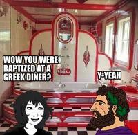 FISOGR WOW YOU WERE BAPTIZED AT A GREEK DINER? Y-YEAH Cartoon Animated cartoon