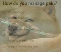 How do you manage pain? OExercise/Yoga Tylenot/buprofen D Alcoho! Accupuncture/Massage A Heroin Prescription pain meds 0Isimply live with the pain.