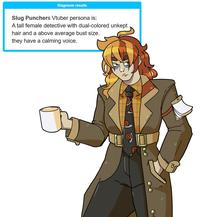 Diagnosis results Slug Punchers Vtuber persona is: A tall female detective with dual-colored unkept hair and a above average bust size. they have a calming voice.