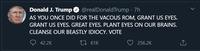Donald J. Trump @realDonaldTrump · 7h AS YOU ONCE DID FOR THE VACOUS ROM, GRANT US EYES. GRANT US EYES. GREAT EYES. PLANT EYES ON OUR BRAINS. CLEANSE OUR BEASTLY IDIOCY. VOTE 42.2K 27 61K 256.2K