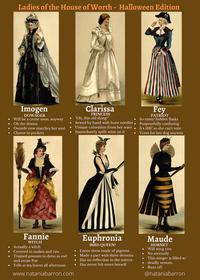 Ladies of the House of Worth - Halloween Edition Imogen Clarissa Fey PRINCESS DOWAGER Will be a crone soon, anyway PATRIOT So many hidden flasks "Oh, this old thing?" • Sewed by hand with bone needles. Purposefully confusing Unique coloration from her tears • Immediately spills wine on it • Oh the drama Outside now matches her soul It's 1887 so she can't vote Cheese in pockets Votes for her dog anyway Euphronia BIRD QUEEN? Fannie Maude WITCH HORNET • Actually a witch Covered in snakes and rats Entire dress made of pigeons Made a pact with three demons Has no reflection in the mirror Will sting you No seriously Trained possum to dress as owl and recite Poe This stinger is filled w/ • Yells at tea leaves all afternoon deadly venom. Buzz off. Has never felt more herself www.nataniabarron.com @nataniabarron