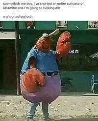 spongebob me boy, I've snorted an entire suitcase of ketamine and l'm going to f------ die arghaghaghaghagh