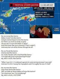 TROPICAL STORM GASTON 11:00 AM EDT LAT: 25.2°N LON: 48.3°W 1110 MI ESE OF BERMUDA BERMUDA WINDS: 65 MPH PRESSURE: 997 mb MOVING: NNW at 17 MPH PUERTO RICO CABO VERDE No one storms like Gaston Makes clouds form like Gaston Disrupts meteorological norms like Gaston For there's no storm as windy or gusty "As you see I've got wind shear to spare" Even Pooh never saw one so blustery ("That's right!") And every last car will be thrown through the air! No one floods like Gaston Creates mud like Gaston Or cracks thunder with a loud thud like Gaston "I'm especially good at precipitating! Ptooey!" My, what a storm, that Gaston! "When I was Cat 1, I condensed vapored air every morning because I was small And now I'm Cat 2 vexing the troposphere and I'm roughly the size of Utah!" No one rains like Gaston Clogs those drains like Gaston Who can make up these endless refrains like Gaston? "As a hurricane, yes, I'm intimidating!" My, what a storm. GASTON!!