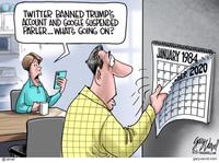 TWITTER BANNED TRUMP'S I. ACCOUNT AND GOOGLE SUSPENDED PARLER... WHATS GOING ON? JANUARY 1984 10 PBER 2020 15 16 @varvel garyvarvel.com