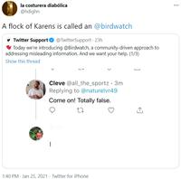 la costurera diabólica @hdighn ... A flock of Karens is called an @birdwatch y Twitter Support O @TwitterSupport · 23h V Today we're introducing @Birdwatch, a community-driven approach to addressing misleading information. And we want your help. (1/3) Show this thread Cleve @all_the_sportz · 3m Replying to @naturelvr49 Come on! Totally false. 1:40 PM · Jan 25, 2021 · Twitter for iPhone