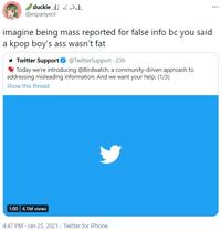 duckie_(J 2,%)- @espanyeol ... imagine being mass reported for false info bc you said a kpop boy's ass wasn't fat y Twitter Support O @TwitterSupport - 23h Today we're introducing @Birdwatch, a community-driven approach to addressing misleading information. And we want your help. (1/3) Show this thread 1:00 4.1M views 4:47 PM · Jan 25, 2021 · Twitter for iPhone