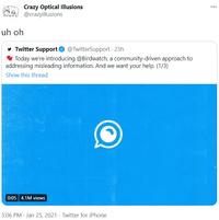 Crazy Optical Illusions @crazyillusions ... uh oh y Twitter Support O @TwitterSupport · 23h Today we're introducing @Birdwatch, a community-driven approach to addressing misleading information. And we want your help. (1/3) Show this thread 0:05 4.1M views 3:06 PM · Jan 25, 2021 · Twitter for iPhone