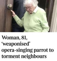 This appears to be a screenshot of an "article in The Times":https://www.thetimes.co.uk/article/woman-81-weaponised-opera-singing-parrot-to-torment-neighbours-ndt5kpg73 about an 81 year old Pensioner who was using her parrots to harass the neighbors in an ongoing dispute.  