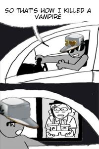 SO THAT'S HOW I KILLED A VAMPIRE White Motor vehicle Sleeve Font Line Automotive exterior Automotive lighting